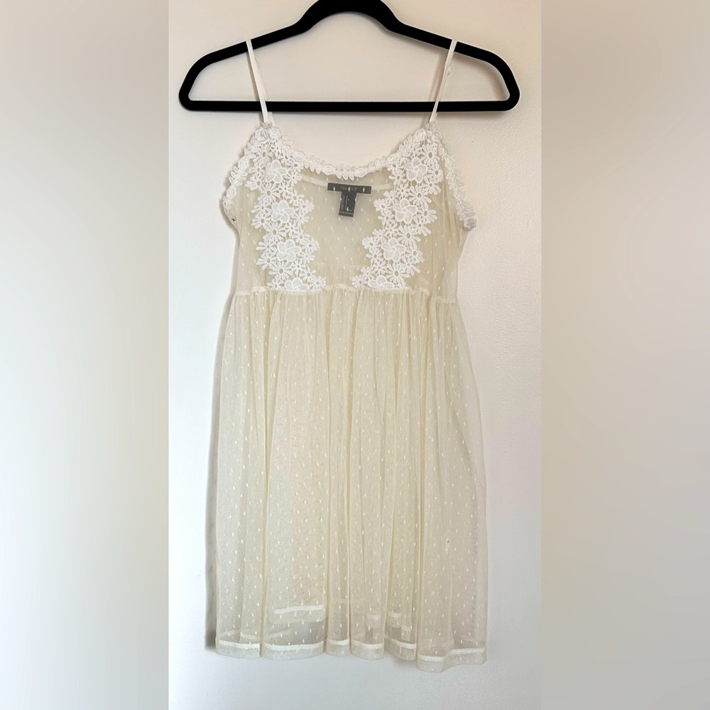 Forever 21 Cream Sheer Lace White Embroidered Babydoll Mini Dress 90s y2k